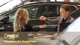  Presentation with salesman - PPT theme with salesman giving keys to female background and a violet colored foreground