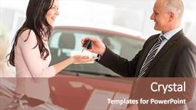  Presentation with salesman - Colorful slide deck enhanced with girl in rain boots sitting backdrop and a gray colored foreground.