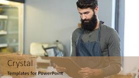  Presentation with grocery - Beautiful slide set featuring salesman-holding-clipboard-at-counter backdrop and a coral colored foreground