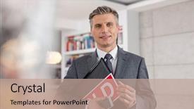  Presentation with dr holding ipad - Slide set consisting of salesman holding document with placard background and a coral colored foreground