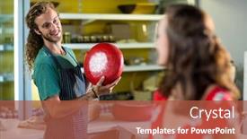  Presentation with salesman - Audience pleasing slide set consisting of salesman holding gouda cheese and interacting with costumer in grocery shop backdrop and a red colored foreground