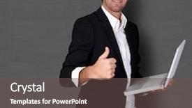  Presentation with salesman - Audience pleasing PPT theme consisting of salesman holding laptop computer and showing thumb up backdrop and a dark gray colored foreground