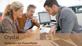  Presentation with dealership - Cool new PPT layouts with salesman in car dealership backdrop and a coral colored foreground