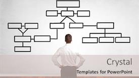  Presentation with salesman - Presentation theme enhanced with salesman in doubt looking for solution on a white wall with organizational chart background and a soft green colored foreground
