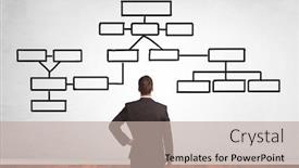  Presentation with organizational chart - Colorful slide set enhanced with salesman in doubt looking for solution on a white wall with organizational chart backdrop and a mint green colored foreground