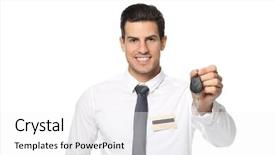  Presentation with ford car - Presentation theme consisting of salesman in formal clothes holding background and a white colored foreground