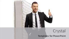  Presentation with mattress - Slide deck with salesman-leaning-on-a-mattress background and a light gray colored foreground