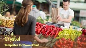  Presentation with grocery store - Colorful presentation enhanced with salesman measuring organic vegetables customer backdrop and a tawny brown colored foreground