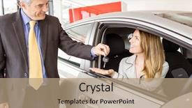  Presentation with customers - Cool new slide deck with salesman offering car key to a customers at new car showroom backdrop and a coral colored foreground
