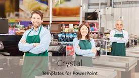  Presentation with salesman - Slide deck consisting of salesman-or-cashier background and a mint green colored foreground