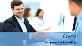  Presentation with shaking hands - Slide set enhanced with salesman shaking hands to clients background and a light blue colored foreground