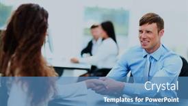  Presentation with customers - Presentation theme featuring salesman shaking hands with customers background and a teal colored foreground