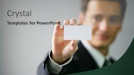  Presentation with business card - Slide deck with salesman showing business card background and a light gray colored foreground