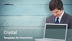  Presentation with salesman - Beautiful presentation featuring salesman showing laptop screen with team behind him against painted blue wooden planks backdrop and a gray colored foreground