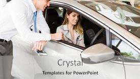  Presentation with salesman - Amazing PPT layouts having salesman showing things to a customer at new car showroom backdrop and a light gray colored foreground