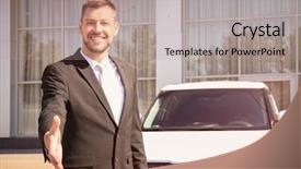 Presentation with salesman - PPT theme with salesman standing near new car background and a  colored foreground