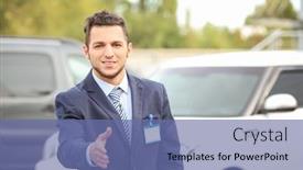  Presentation with salesman - Beautiful slides featuring salesman-standing-near-new-car backdrop and a ocean colored foreground