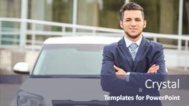  Presentation with salesman - Theme enhanced with salesman standing near new car outdoors background and a ocean colored foreground
