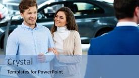  Presentation with dealership - Cool new slide deck with salesman talking to a young couple at the dealership showroom backdrop and a light blue colored foreground