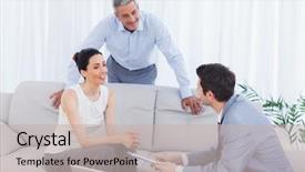  Presentation with customers - PPT layouts consisting of salesman talking with customers on couch at home background and a soft green colored foreground