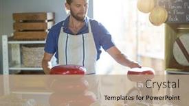  Presentation with salesman - Colorful presentation design enhanced with salesman-weighing-gouda-cheese backdrop and a coral colored foreground