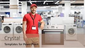  Presentation with salesman - Theme enhanced with salesman-with-electrical-appliances-smiling background and a  colored foreground