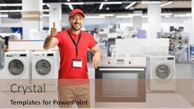  Presentation with salesman - Presentation design featuring salesman-with-electrical-appliances-smiling background and a  colored foreground