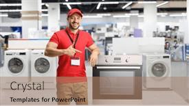  Presentation with salesman - Slides featuring salesman-with-electrical-appliances-smiling background and a coral colored foreground