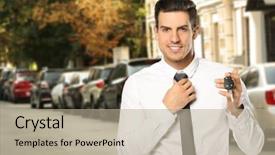  Presentation with salesman - Colorful presentation design enhanced with salesman with key near car backdrop and a mint green colored foreground