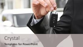  Presentation with salesman - Colorful presentation theme enhanced with salesman with key near new car outdoors backdrop and a light gray colored foreground