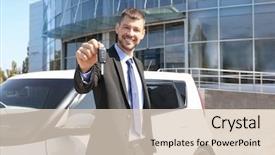  Presentation with car key - Cool new theme with salesman with key standing near backdrop and a lemonade colored foreground