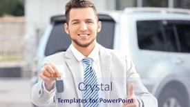  Presentation with salesman - Slide set featuring salesman with key standing near new car outdoors background and a light blue colored foreground