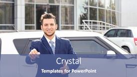  Presentation with car key - Audience pleasing slide set consisting of salesman with key standing near new car outdoors backdrop and a ocean colored foreground