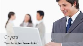  Presentation with salesman - Colorful slides enhanced with salesman with laptop and colleagues behind him against a white background backdrop and a light gray colored foreground