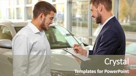  Presentation with dealership - Audience pleasing slide deck consisting of salesman with trainee in dealership backdrop and a gray colored foreground