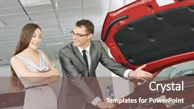  Presentation with salesperson - Audience pleasing slide deck consisting of salesperson demonstrating new automobile car to young woman backdrop and a violet colored foreground
