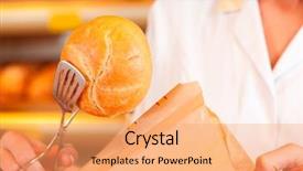  Presentation with salesperson - PPT theme enhanced with salesperson in a bakery is packing bread for a customer in a bag close-up background and a coral colored foreground