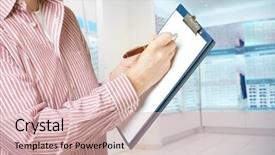  Presentation with salesperson - Slides enhanced with salesperson in optician store holding a clipboard and taking a notes with pen background and a lemonade colored foreground