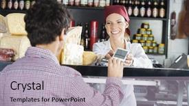  Presentation with payment - Amazing theme having saleswoman accepting payment from customer backdrop and a light gray colored foreground