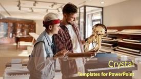  Presentation with music instrument - Slide deck featuring saleswoman-and-male-customer-dialog background and a violet colored foreground