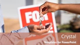  Presentation with new home - Audience pleasing slide set consisting of saleswoman-giving-home-keys backdrop and a coral colored foreground
