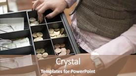  Presentation with cash - PPT theme with saleswoman hands at cash register background and a coral colored foreground