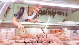  Presentation with butchery - Audience pleasing slide deck consisting of saleswoman-in-butchery-behind-glass backdrop and a coral colored foreground