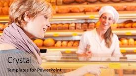  Presentation with pastries - Amazing PPT layouts having saleswoman in her bakery backdrop and a coral colored foreground