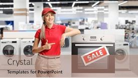  Presentation with electrical shop - Presentation theme featuring saleswoman-pointing-at-an-electrcal background and a coral colored foreground