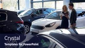  Presentation with brochure - Beautiful presentation theme featuring saleswoman-reading-brochure-while-standing backdrop and a navy blue colored foreground