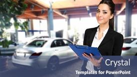  Presentation with show - Audience pleasing slide set consisting of saleswoman-with-folder-and-auto backdrop and a ocean colored foreground