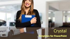 Presentation with auto - Presentation theme having saleswoman-with-folder-and-auto background and a tawny brown colored foreground