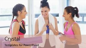  Presentation with three - Presentation theme consisting of salle de sport - happy three fit young women background and a coral colored foreground