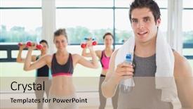  Presentation with aerobics - PPT theme enhanced with salle de sport - man taking break from aerobics background and a coral colored foreground